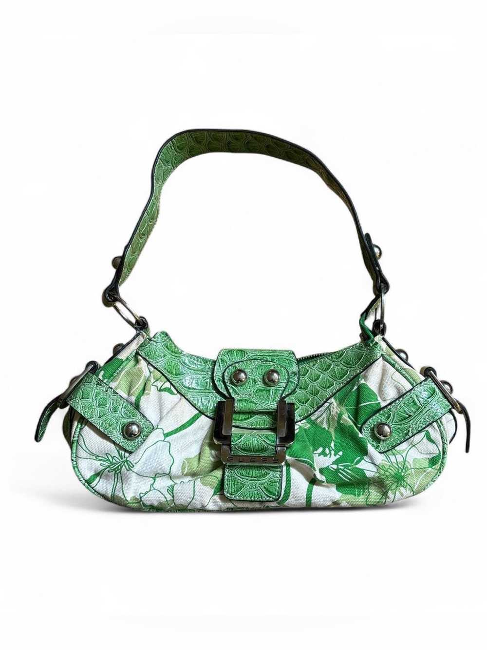 Vintage GUESS Green Floral Canvas Bag Y2K Faux Croc Trimmed Shoulder Bag Purse